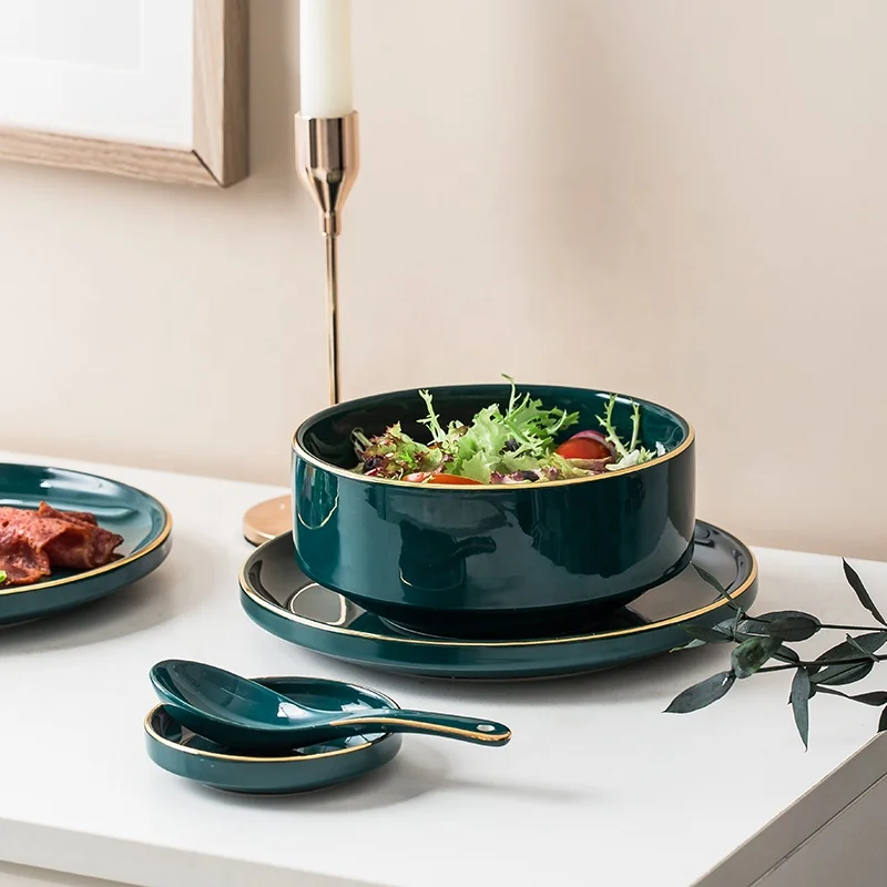 

Classic High Grade Dark Green Porcelain Dinnerware Sets With Gold Rim Food Plate Serving Tray Table Setting