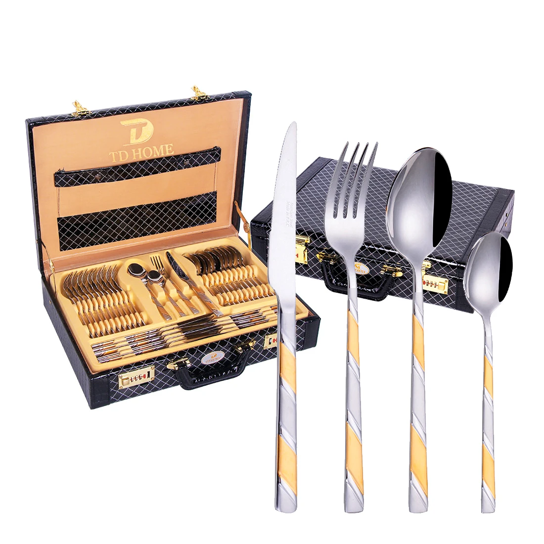 

72 piece Gottinghen Stainless Steel Flatware Gold 86 Pcs Cutlery Set with leather case 72pcs cutelry set with aluminum case