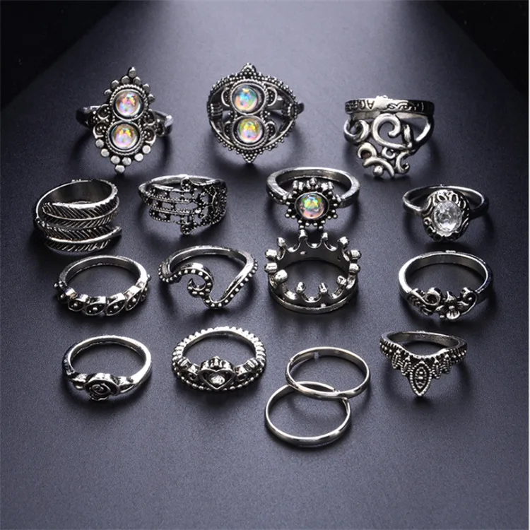 

Fashion Heart Flower Ring Micro Set Diamond Crown Vintage Engraving Rings Hip Hop Punk Ring 16 Pcs Set
