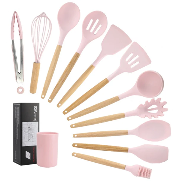 

Heat Resistant Silicone Kitchen Spatula 11 Pieces Cooking Tools Kitchen Accessories Utensil Sets with Wooden Handle, As picture or custom