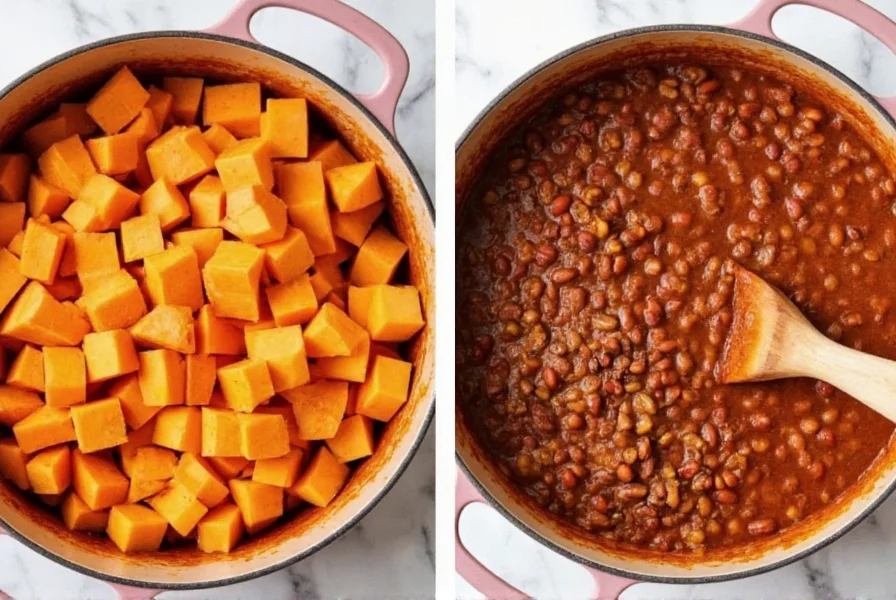 Step-by-step preparation of sweet potato chili showing diced sweet potatoes being added to a simmering pot with spices and beans