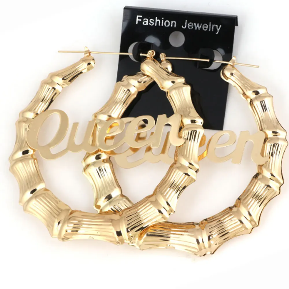 

9cm vintage gold plated alloy Queen bamboo gold plated earrings big hoops charm for women 2020, Silver and gold