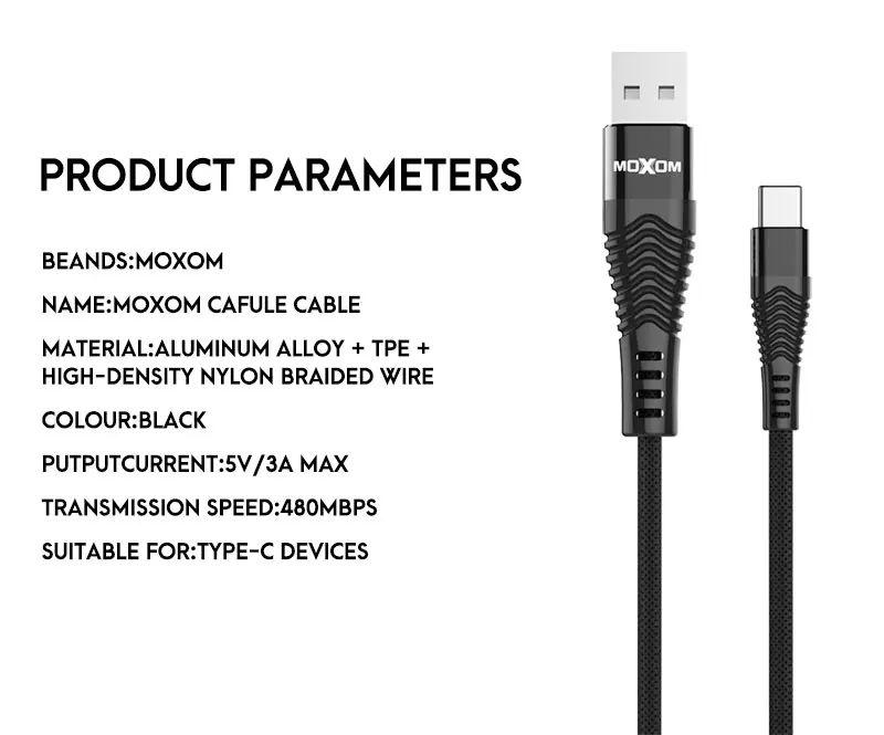 MOXOM Micro USB Cable 2.4A Black Charger Phone Cable Nylon Braided Mobile Cables - ANKUX.COM
