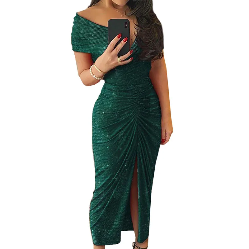 

New Fashion Glitter Off Shoulder Ruched Slit Evening Dresses Dresses Women Party