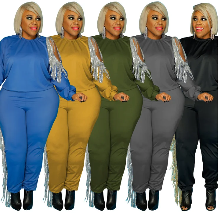 

OR20982 Beaded fringed long sleeve trousers 2 piece plus size sets two piece fall sets women two piece set women clothing, Black,blue,gray,army green,ginger