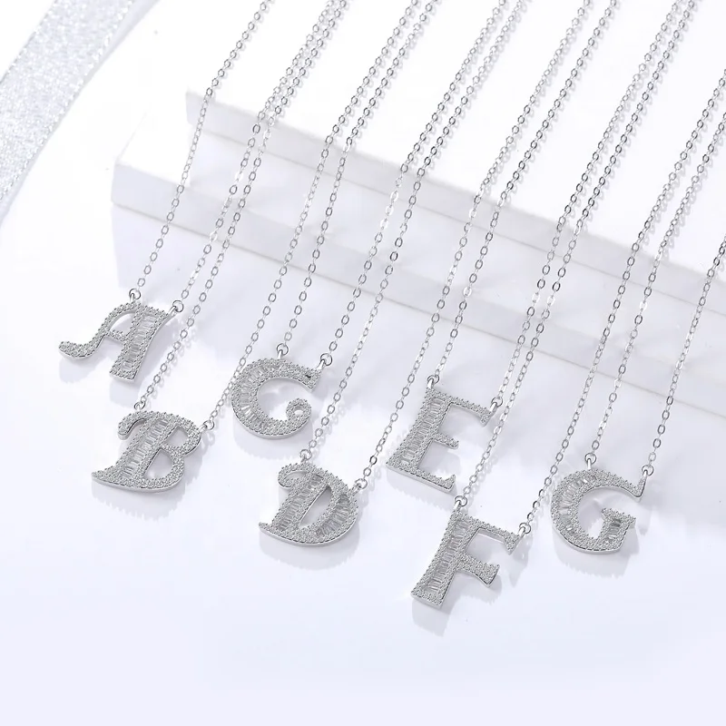 

Wholesale 26 letter pendant necklace 925 Sterling Silver Bling CZ Baguette Capital Letter Initial A-Z Alphabet Necklace