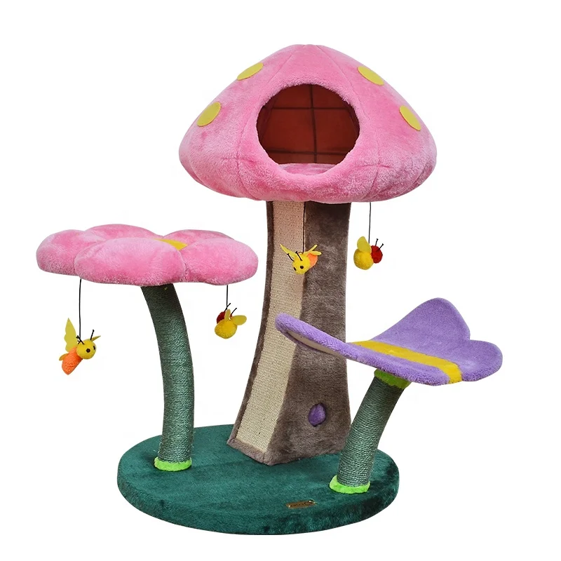 

Pink cat tree house condo post mushroom wood scratcher butterfly flower cat jumping platform sisal cat tree tower