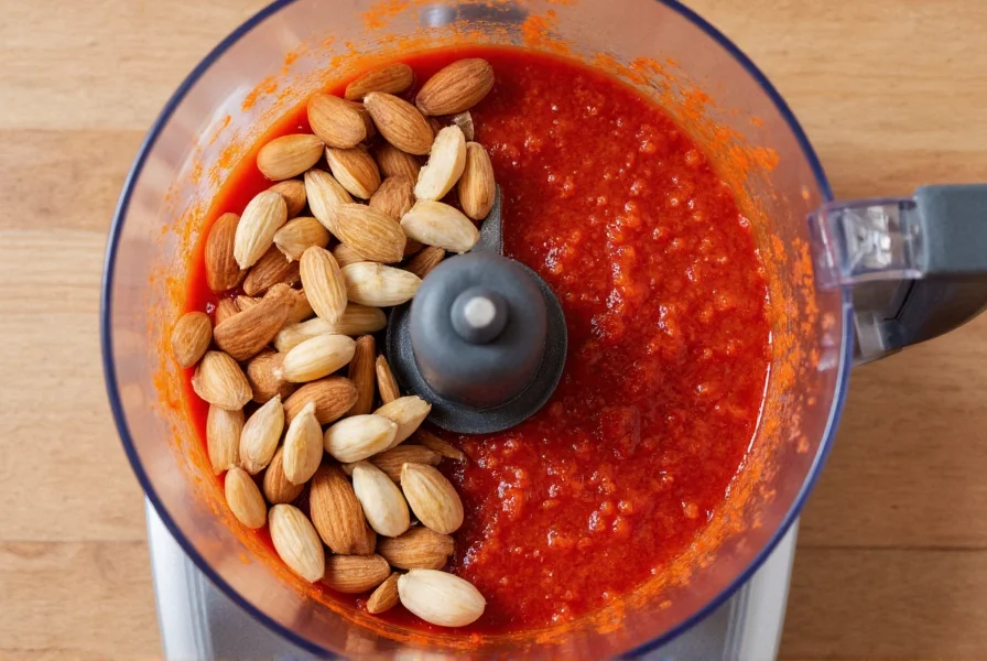 Romesco sauce made from roasted red peppers, almonds, and garlic in food processor