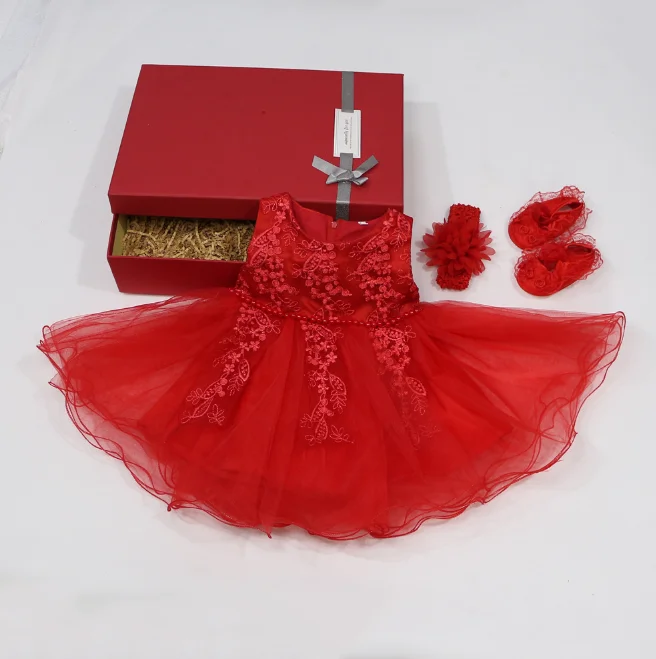 

Girl dress manufacturer newborn princess dress kids ware full moon hundred days gift box, Pink,red,fuchsia