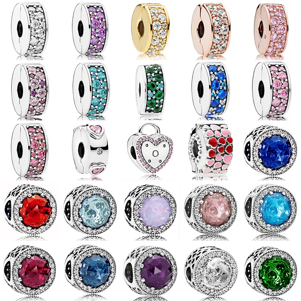 

NEWEST 100% 925 Sterling Silver Clip Charm Radiant Hearts Multicolor Clear Cz Rose Gold Bead Fit DIY Bracelet Wholesale