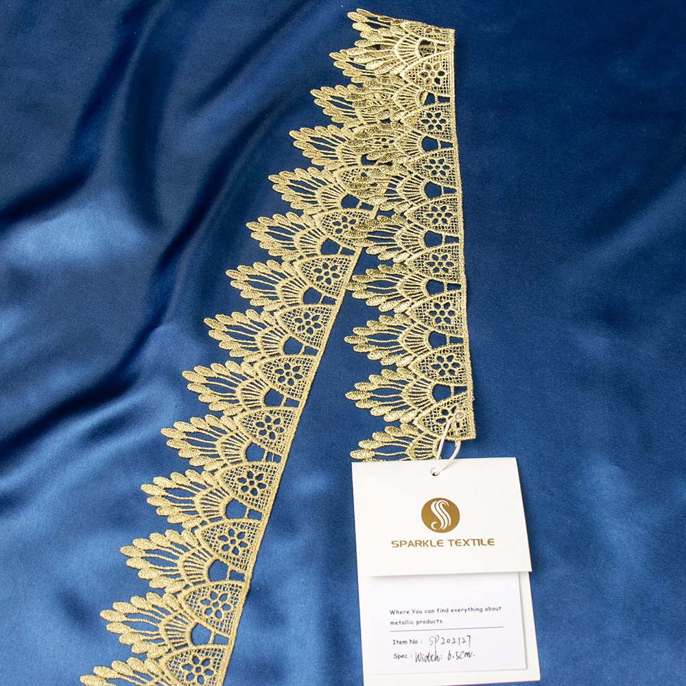 

Factory Wholesale Alencon Crown Embroidery Lace Applique Crochet Border Lace Fabric Metallic Thread Lace Trim, Black, gold