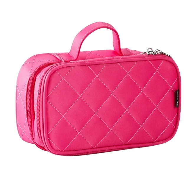 

Double Layer Large Quilted Makeup Organizer Bag Cosmetic Bag Toiletries Travel Toiletry Makeup Bag, Pink, rose red