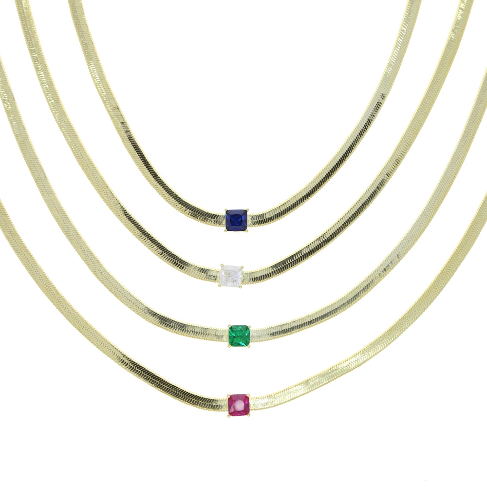 

18k gold plated european women chains choker colorful cz stone 4mm herringbone necklace, Rose gold