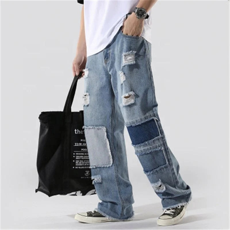 

Voogue Men's new Fashion casual Loose all-match loose straight-leg distressed patch ripped jeans men's casual beggar pants, Customized color