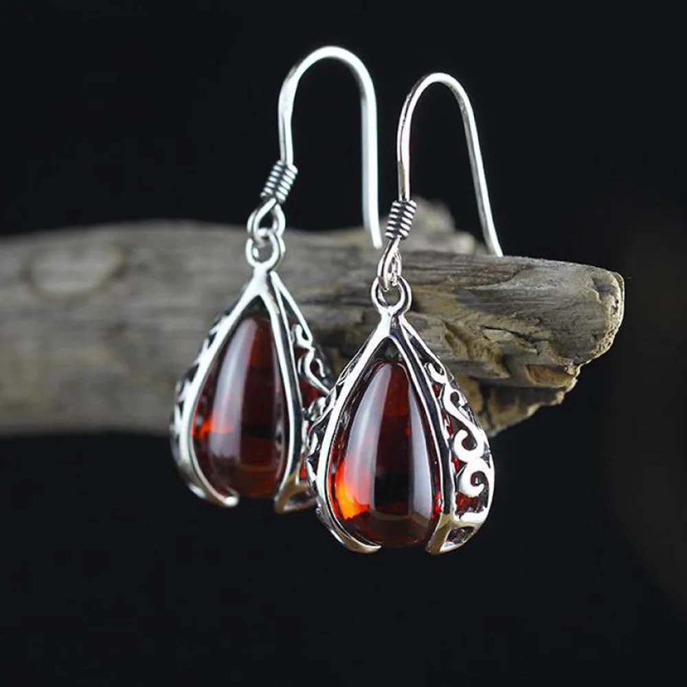 

Natural Ruby Gemstone Vintage Style Jewelry Hollow Flower Pattern 925 Sterling Silver Hook Earring Drop Earrings