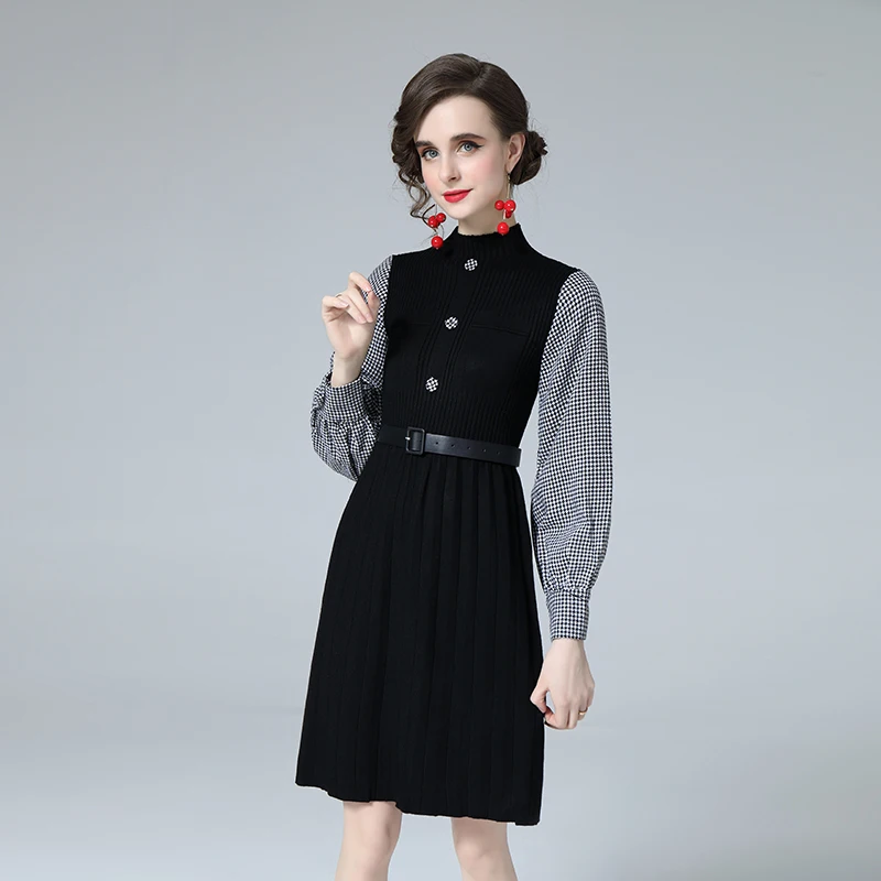 

2022 New Spring Elegant houndstooth Long Sleeve Patchwork Sweater Dress Women Casual Chic Office Knit Dresses Ladies, Black