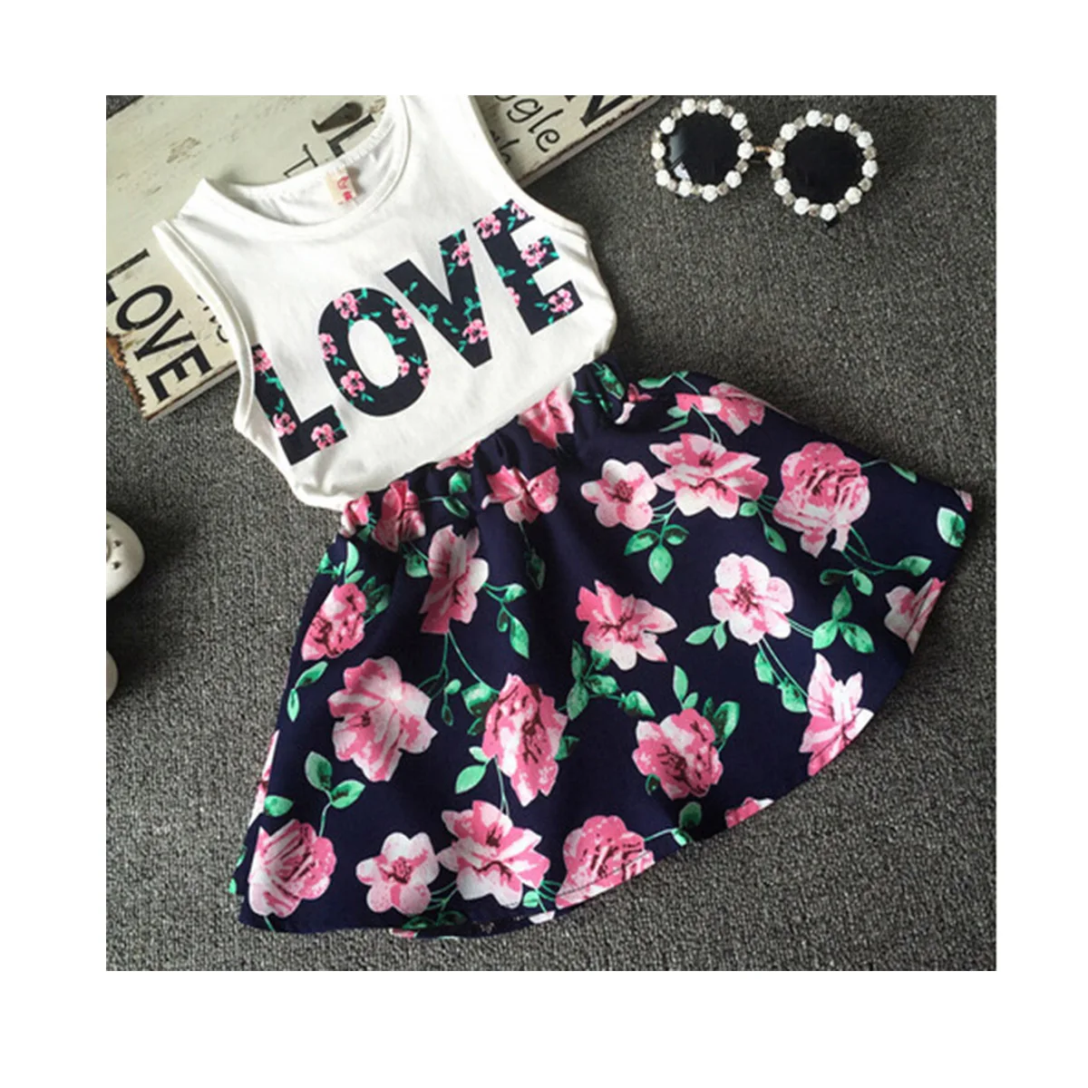 

2021 Summer Clothes Children Baby Girl's 2 Piece Set Short Sleeve And Skirt Cotton Sweet Casual Dresses