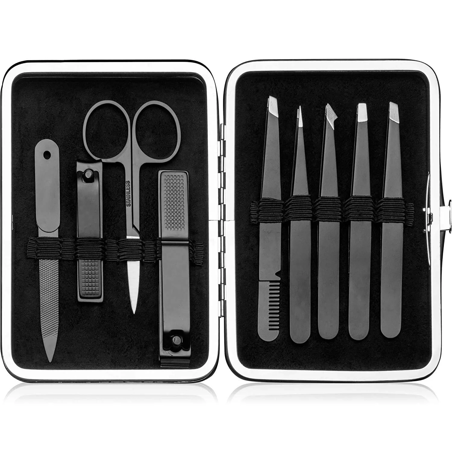 

Beauty Makeup Tool 9 piece Eyebrow Tool Stainless Steel Black Eyebrow Comb Clip Tweezers Set Nail Clipper Eyelash Tweezer Kit, According to options