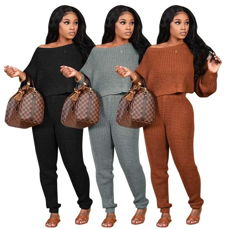 

Elegant Lady 2 Pcs Sweater Plain Color Tops And Pants Plus Size Autumn Winter Women Two Piece Set, Picture