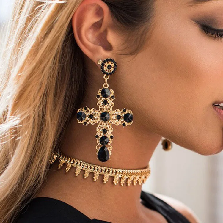 

Fashion Vintage Gold Luxury Crystal Rhinestone Cross Drop Earrings For Women Large Long Earrings Bridal Wedding Jewelry, 5 colors