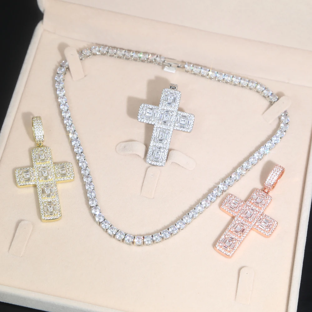 

classic diamond cross pendant cubic zirconia cz tennis chain box chain rectangle cross women necklace