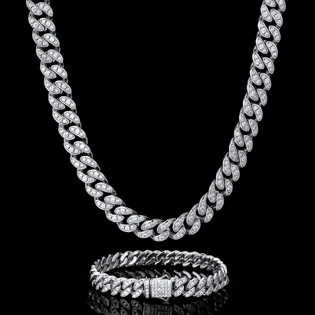 

KRKC Drop Shipping 1pcs Service 8mm Silver White Gold Plated 5A CZ Diamond Iced Out Hip Hop Jewelry Choker Cuban Link Chain