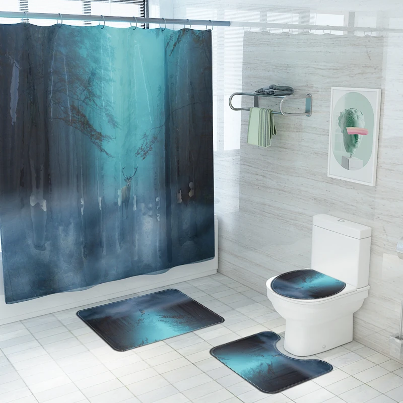 New Shower Curtain Lid Toilet Cover Bath Mat Rug with Hooks Bathroom Accessory Sets