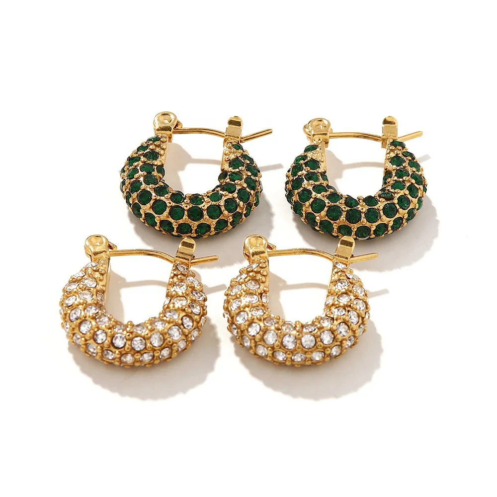 

18k Gold Plated Stainless Steel Classic Hammered Shape Cubic Zirconia Hoop Earrings For Ladies