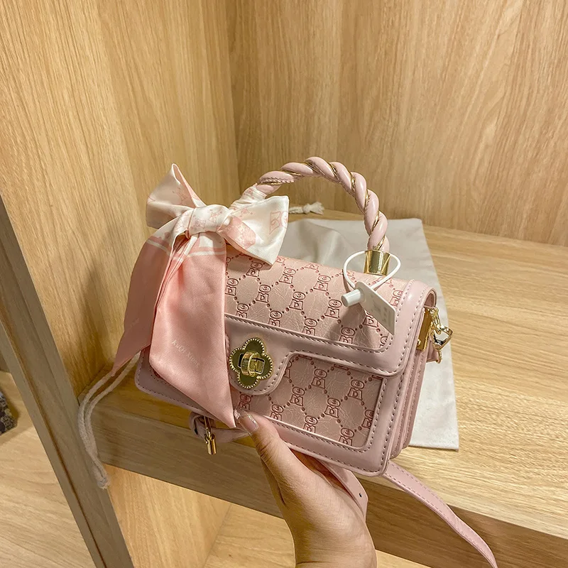 

New Fashion Bags Women Pu Leather Embossed Silk Scarf Purses And Handbag Ladies Hand Bags Chain Wild Shoulder Crossbody Bags, Nature color