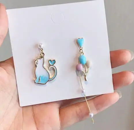 

new 2019 personality fashion asymmetric metal cat style contracted lovely delicate long pearl Women Drop earrings
