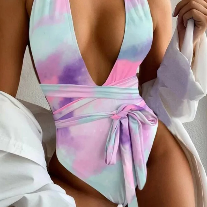 

2021 New Tie Dye Bikini Backless Triangle 1 Piece Swimsuit Women Bikini, Shown