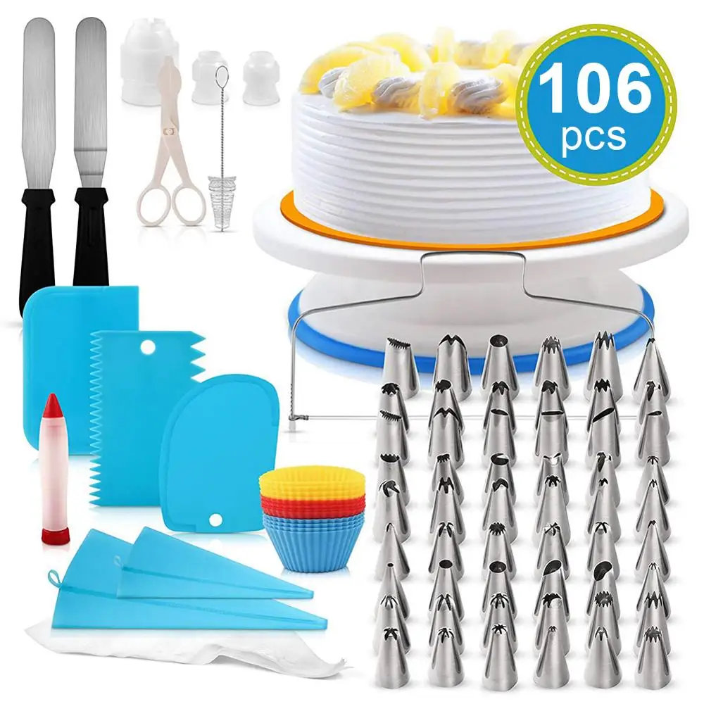 

106 Pcs Of Multifunctional Cake Decoration Set Cake Turntable Set Pastry Tube Fudge DIY Tool Dessert Kitchen Baking Pastry Tool, As picture