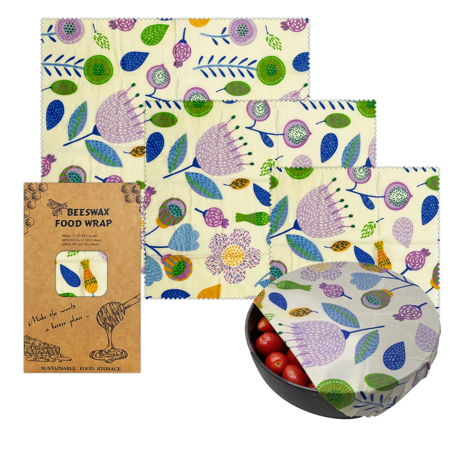

Free Sample Reusable custom design organic cotton beeswax food packaging wrap 3 packs