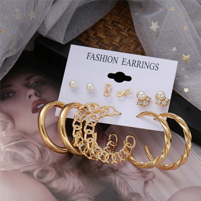 

Vintage Geometric Gold Metal Earrings Set Punk Pearl Dangle Drop Earrings 2021 Trend Jewelry For Women