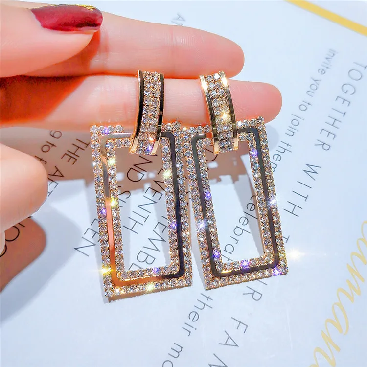 

Bling Bling 925 Sterling Silver Post Rhinestone Square Drop Earring Stunning 18K Gold Plated Crystal Rectangle Dangle Earrings
