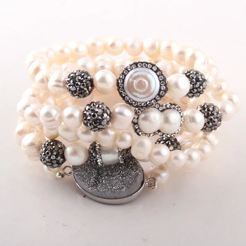 

Fashion Pearl Beaded Jewelry Crystal Pave Women Handmade Freshwater Pearl Beads 5 pcs Stack Bracelets Set