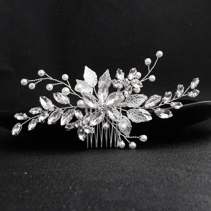 

Handmade silver leaf pearl blue crystal rhinestone wedding hair comb bridal headdress ladies Hair accessories, Blue/white