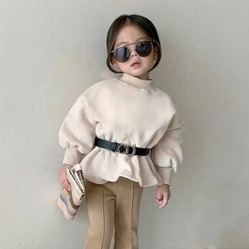 

Fashion Fall Winter Baby Girls Waisted Fleece Peplum Tops Kids Girl Thickening Sweatshirt, As picture