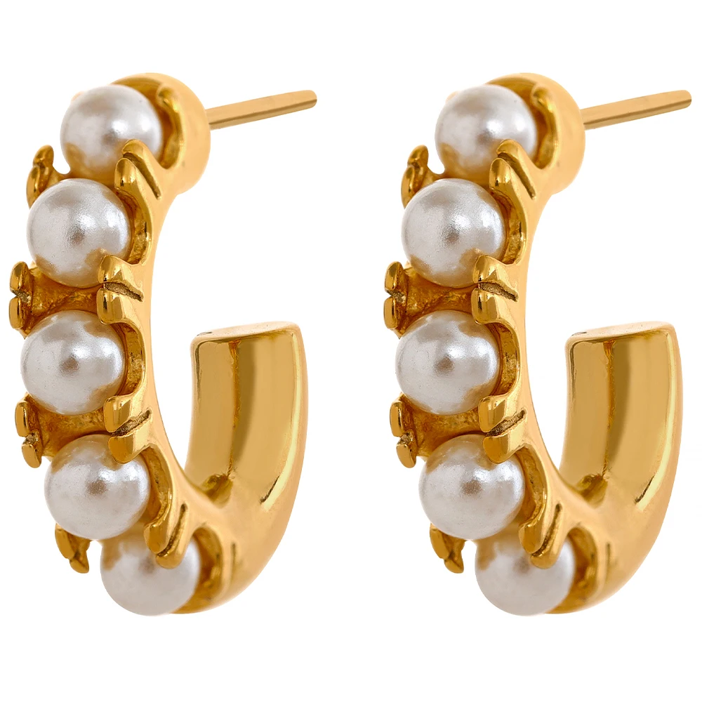 

JINYOU 958 Elegant Artificial Pearls Geometric Stainless Steel 18K Gold Plated Hoop Earrings Fashion Waterproof Delicate Jewelry