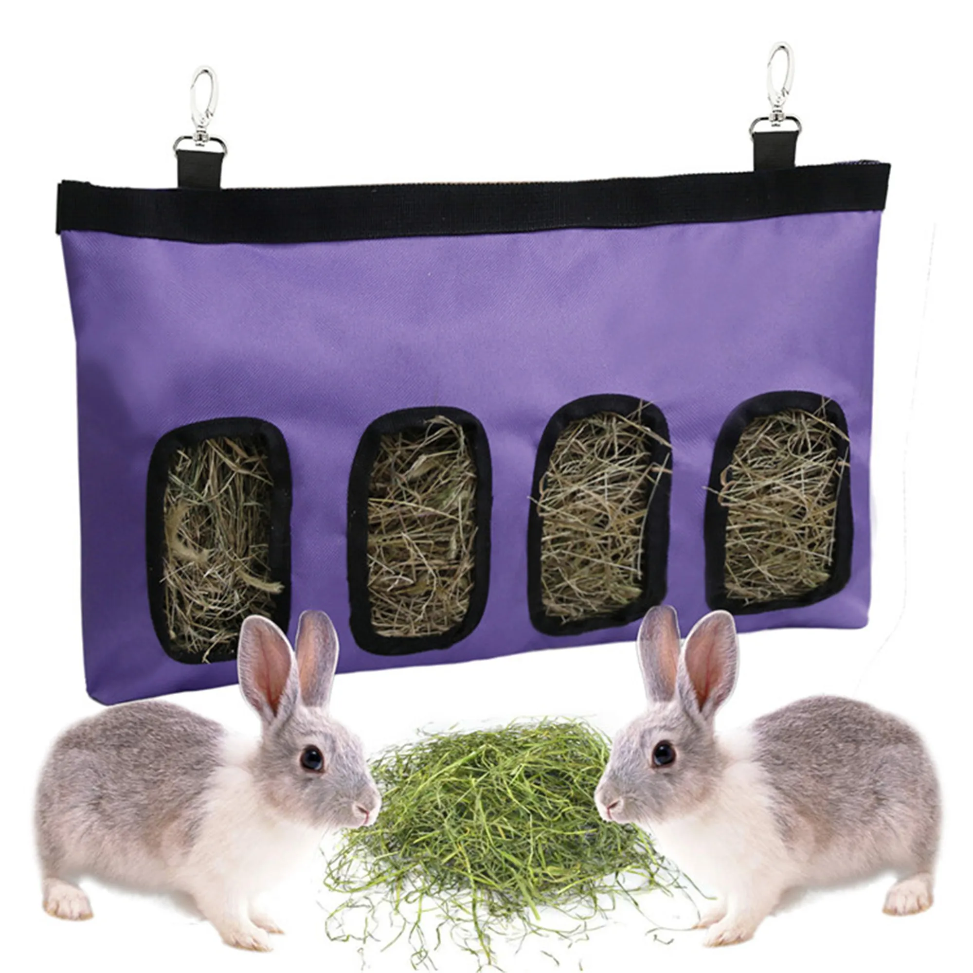 

600D Oxford Hanging Four Feed Holes Slow Feeder Hay Bag for Small Animals Chinchilla Hamsters, Purple, green