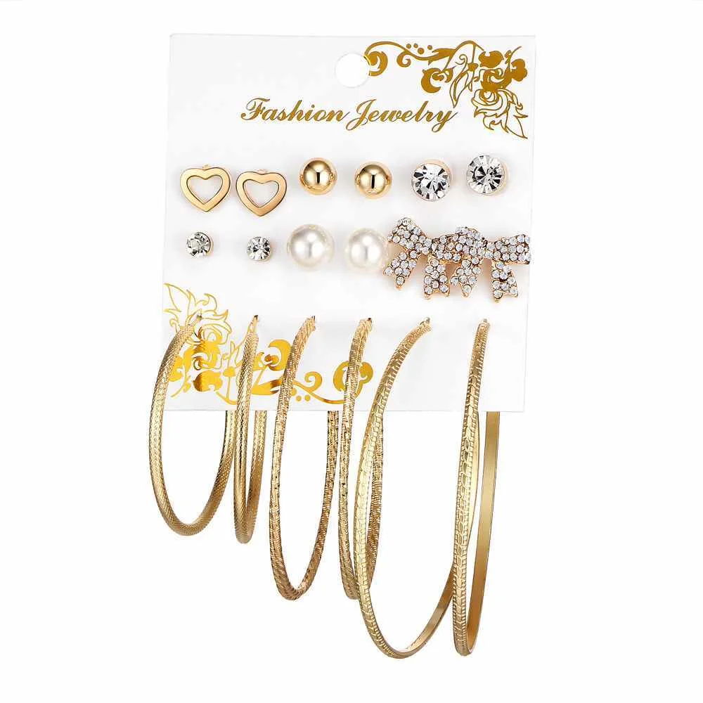 

Hot Selling 9 Pairs Crystal Bow Knot Heart Stud Earrings Big Hoop Earrings set for Women Jewelry, Gold and silver plated