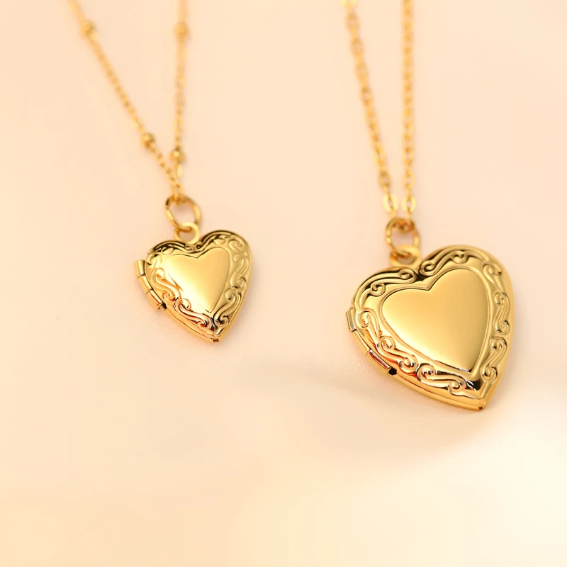 

Wholesale Vintage Custom 18K Gold Plated Stainless Steel Heart Lock Photo Women Locket Pendant Necklace silver gold