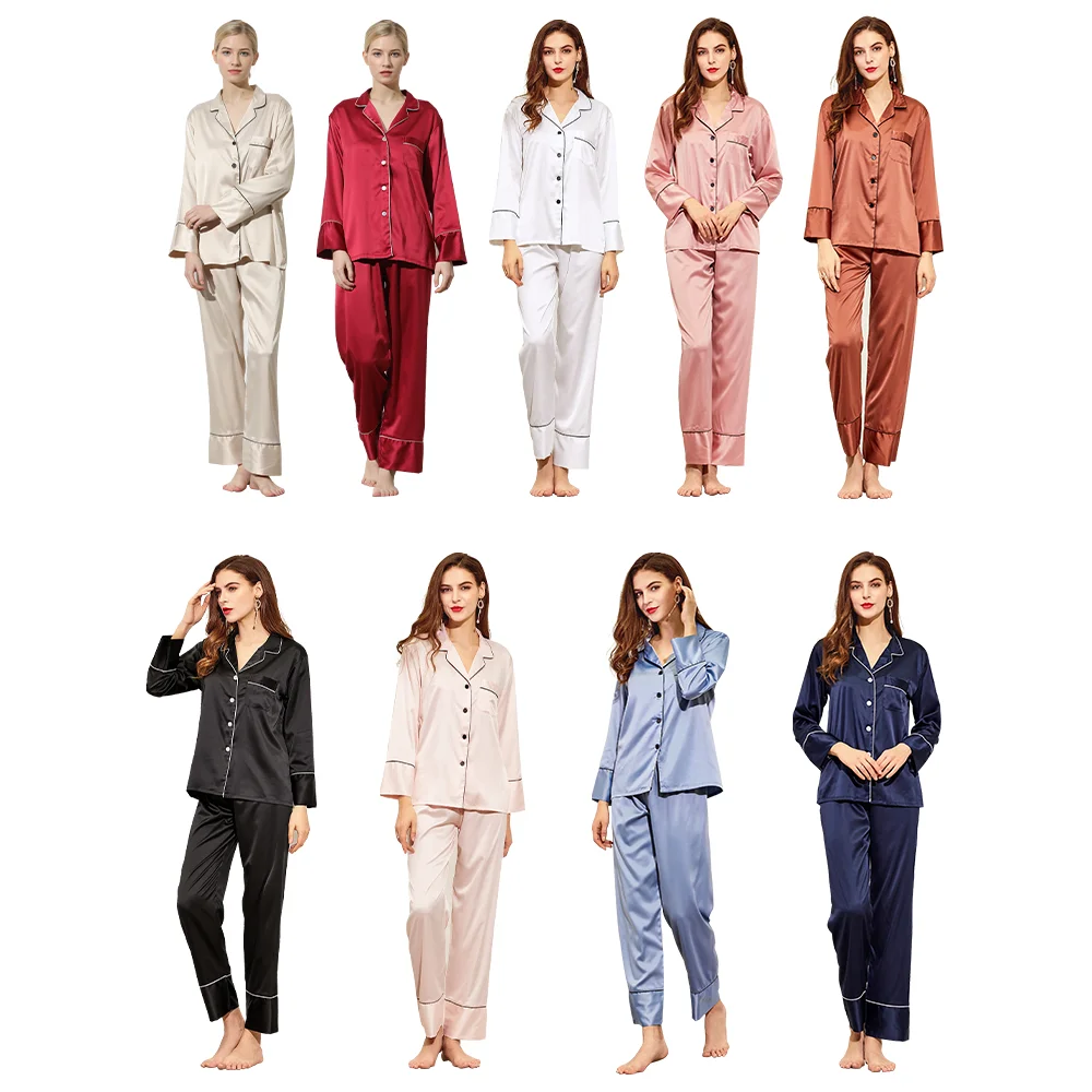 

1piece customization ladies silk pajama women set long satin ladies sleepwear Lovers pajamas set, 9 colors