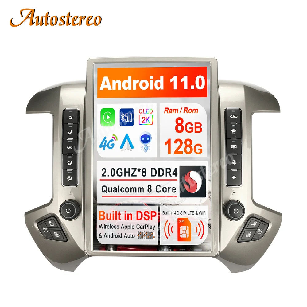 

14.4 Inch Android 11.0 8+128GB For Chevrolet Silverado Tesla Style Car GPS Navigation Multimedia Player Radio Tape Headunit HD