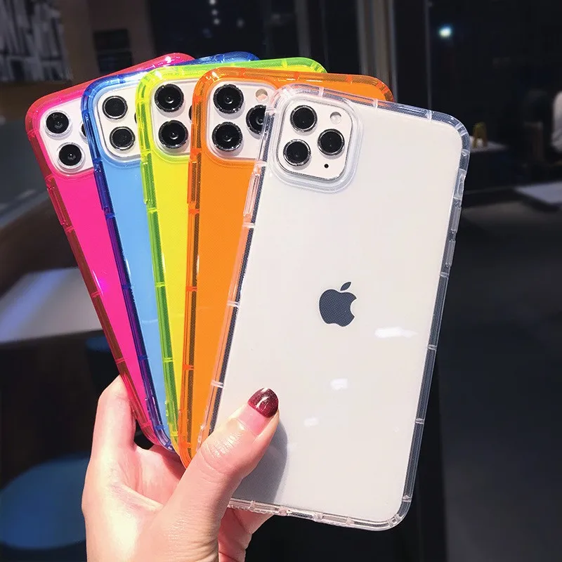 

Wholesale Custom Logo Soft TPU 1.5mm Shockproof Fluorescent Neon Phone Case For Iphone 13 pro max 12 11 X 7 8 SE2020, Clear, fluorescent yellow, orange, blue, rose red