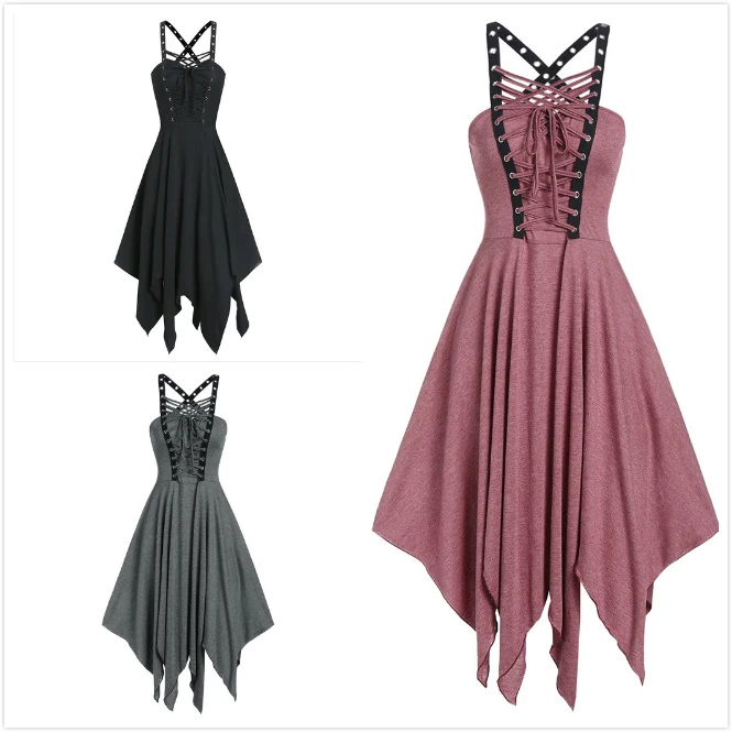 

N74 Irregular Lace Up Belt Slim suspende rivet Dress Nightclub Skirt T shirt women gothic clothing 2021 Fall Outfits dresses
