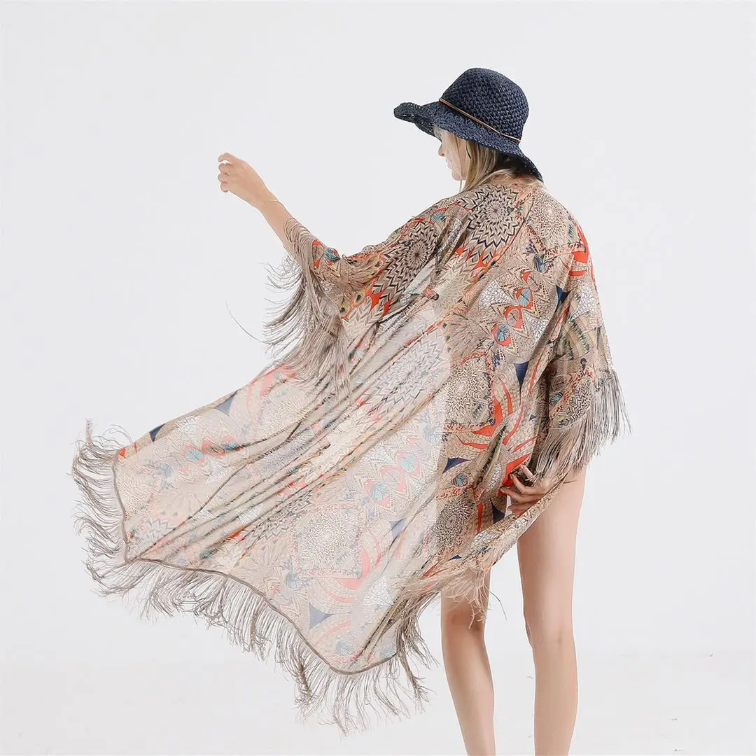 

Free Sample Sexy Tassels Boho Printed Bikini Swimsuit Cover Up Kaftan Beach Wear Kimono Cover Ups Beach Wear