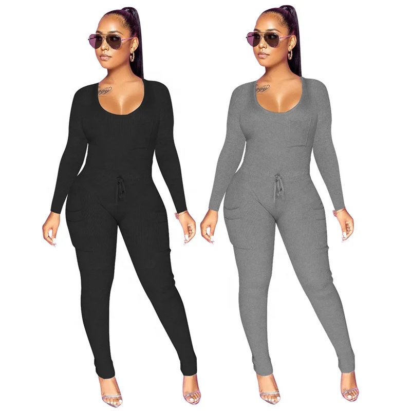 

New Arrivals Autumn Woman Sexy Bodycon Playsuit Slim Rompers Jumpsuit, Gray/black