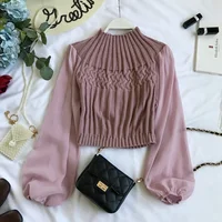 

B51417A Newest lady fancy loose round collar long sleeve patchwork slim knitted blouse