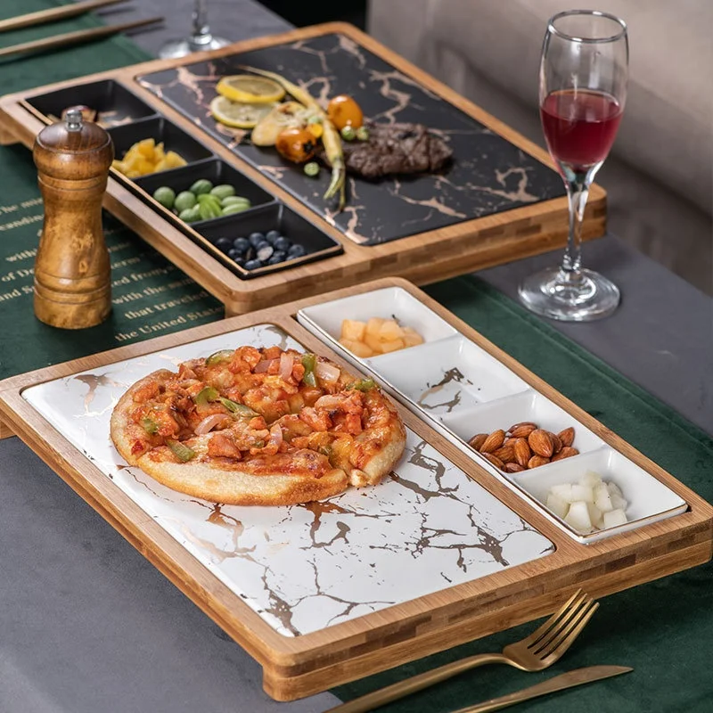 

Nordic Restaurant Pizza Snack Plate Ceramic Square Plate Creative Marble Gold Rim Western Dish with Grid Steak Plate, White/black